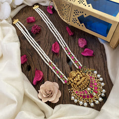 Vriksham Lakshmi Pendant Kundan Jadau White Beaded Mala-Red-J2917