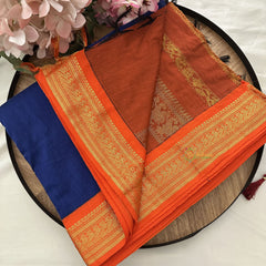 Vriksham Blue With Orange Border-Kalyani Cotton Saree-VS4594