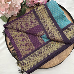 Vriksham Sky Color With Dark Purple Border-Vairaoosi Podi Kattam-Kalyani Cotton Saree-VS4595