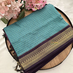 Vriksham Sky Color With Dark Purple Border-Vairaoosi Podi Kattam-Kalyani Cotton Saree-VS4595
