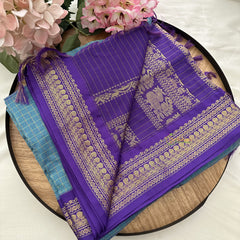 Vriksham Light Sky Color With Dark Blue Border-Vairaoosi Podi Kattam-Kalyani Cotton Saree-VS4596