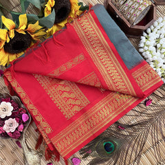 Vriksham Pine Green & Red Border With Butta Design Kalyani Cotton Saree-VS4974