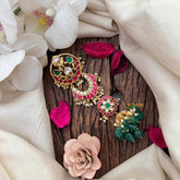 Vriksham Gold Finish Multi-Crescent Kundan Jadau Jhumka Jad Billai-Red Green & White-Green Bead-Pearls-J4195