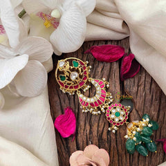 Vriksham Gold Finish Multi-Crescent Kundan Jadau Jhumka Jad Billai-Red Green & White-Green Bead-Pearls-J4195