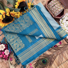 Vriksham Light Sky & Bottle Green Border With Butta Design Kalyani Cotton Saree-VS4960