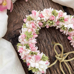 Vriksham Light Pink & White Shade Floral With Beads Green Leaf Veni Gajra Flower Accessories-H1236