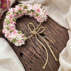 Vriksham Light Pink & White Shade Floral With Beads Green Leaf Veni Gajra Flower Accessories-H1236