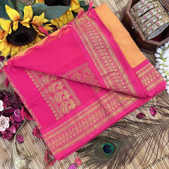 Vriksham Golden Yellow & Pink Border With Butta Design Kalyani Cotton Saree-VS4972