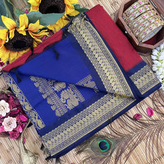 Vriksham Red & Blue Border With Golden Butta Design Kalyani Cotton Saree-VS4967