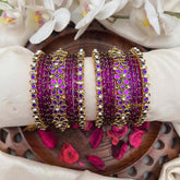 Vriksham Traditional Floral & Diagonal Style Bridal Silk Bangles Set-Purple-G21699