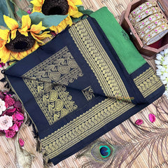 Vriksham Parrot Green & Black Border With Butta Design Kalyani Cotton Saree-VS4961