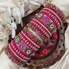 Vriksham Rani Pink Silk Thread Bangle Set with Kundan Floral Centers and Crystal Border Kadas Silk Bangles-G21701