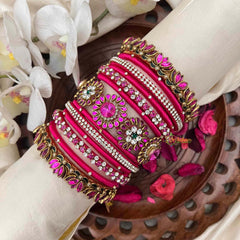 Vriksham Rani Pink Silk Thread Bangle Set with Kundan Floral Centers and Crystal Border Kadas Silk Bangles-G21701