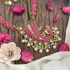 Vriksham Designer Peacock Pendant Kundan Jadau Neckpiece-Red-White Bead-J2852