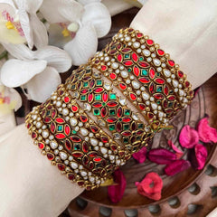 Vriksham Antique Gold Plated Kemp Stone Red Green Silk Bangles Set-G21703