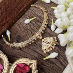 Vriksham Elegant White Red Peacock Pendant Short Neckpiece-Diamond Drops-G21150