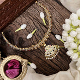 Vriksham Traditional White Red & Green Peacock Pendant Short Neckpiece-Diamond Drops-G21148