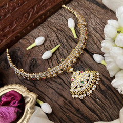 Vriksham Traditional White Red & Green Peacock Pendant Short Neckpiece-Diamond Drops-G21148
