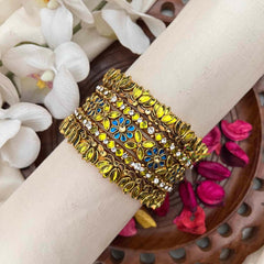 Vriksham Yellow and Blue Stone Antique Gold-Plated Floral Kada Silk Bangles Set-G21707