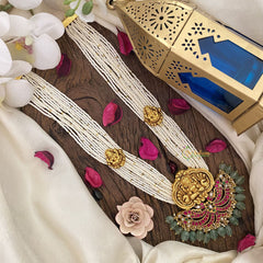 Vriksham Designer Lakshmi Pendant Kundan Jadau White Beaded Mala-Pastel Green Bead-J2956