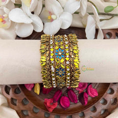 Vriksham Yellow and Blue Stone Antique Gold-Plated Floral Kada Silk Bangles Set-G21707