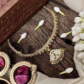 Vriksham Elegant White Red & Green Peacock Pendant Short Neckpiece-Diamond Drops-G21149