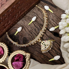 Vriksham Elegant White Red & Green Peacock Pendant Short Neckpiece-Diamond Drops-G21149