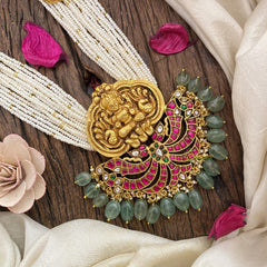 Vriksham Designer Lakshmi Pendant Kundan Jadau White Beaded Mala-Pastel Green Bead-J2956