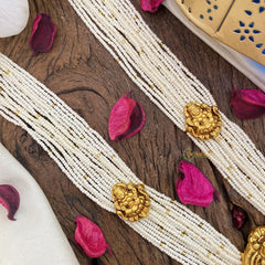 Vriksham Designer Lakshmi Pendant Kundan Jadau White Beaded Mala-Pastel Green Bead-J2956