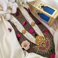 Vriksham Designer Lakshmi Pendant Kundan Jadau White Beaded Mala-Pastel Green Bead-J2956