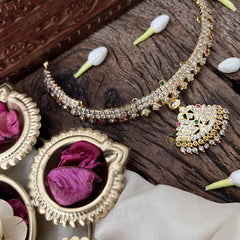 Vriksham Elegant White Red & Green Peacock Pendant Short Neckpiece-Diamond Drops-G21149