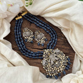 Royal 3 Layer Victorian Diamond Perumal Pendant Neckpiece-Royal Blue Bead-VV1707