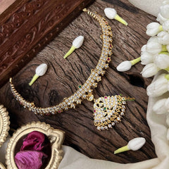 Vriksham Elegant White Red & Green Peacock Pendant Short Neckpiece-Diamond Drops-G21149