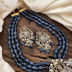 Royal 3 Layer Victorian Diamond Perumal Pendant Neckpiece-Royal Blue Bead-VV1707