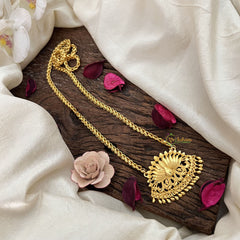 Vriksham Antique Gold-Plated Lotus Motif Temple Pendant Chain Necklace-Gold Drop Bead-G19591
