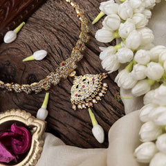 Vriksham Dual Peacock Pendant With Manga Short Neckpiece-Diamond Drops-White Red-G21154