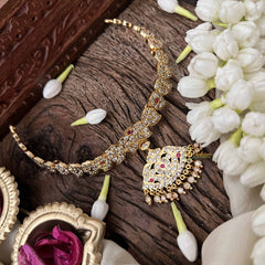 Vriksham Dual Peacock Pendant With Manga Short Neckpiece-Diamond Drops-White Red-G21154