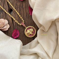 Vriksham Gold-Plated Bull With Ruby Pendant Chain Neckpiece-G19595
