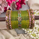 Vriksham Classic Parrot Green & Floral Pink Side Kada Glass Bangle Set-G21712
