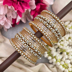 Vriksham Pearlescent Ivory & Golden Color Glass Bangle Set-G21713