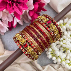 Vriksham Divine Lakshmi Temple Antique Gold Finish Ruby Red Chuda Glass Bangle Set-G21714