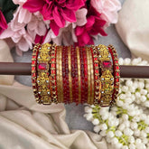 Vriksham Divine Lakshmi Temple Antique Gold Finish Ruby Red Chuda Glass Bangle Set-G21714
