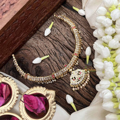 Vriksham Diya Pendant Short Neckpiece-Diamond Drops-White Red-G21160