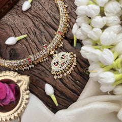 Vriksham Diya Pendant Short Neckpiece-Diamond Drops-White Red-G21160