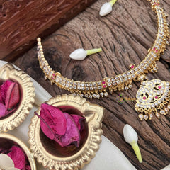 Vriksham Diya Pendant Short Neckpiece-Diamond Drops-White Red-G21160