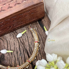 Vriksham Diya Pendant Short Neckpiece-Diamond Drops-White Red-G21160