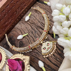 Vriksham Diya Pendant Short Neckpiece-Diamond Drops-White Red-G21160