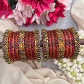 Vriksham Orange & Purple With Lotus Side Kada Border Glass Bangle Set-G21716