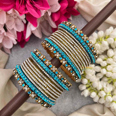 Vriksham Firoza Blue & Floral Gold Stone Glass Bangle Set-G21717