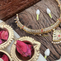 Vriksham Premium Pendant Short Neckpiece-Diamond Drops-White Red Green-G21159